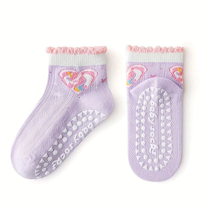 5 Pairs of Kidsren's Floor Socks with Lace Glue, Heart Unicorn Pattern, Boys and Girls, Baby Toddler Soft-Soled Shoes, Indoor Non-Slip Rainbow Pony Mid-Calf Socks, Suitable for Casual Daily Life