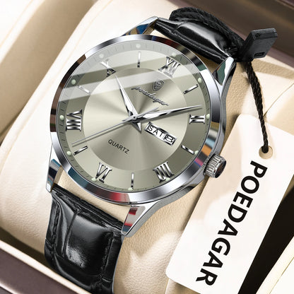 POEDAGAR Business Brand Men Clock Waterproof Luminous Date Week Fashion Man Wristwatch Leather Luxury Men's Quartz Watches Reloj