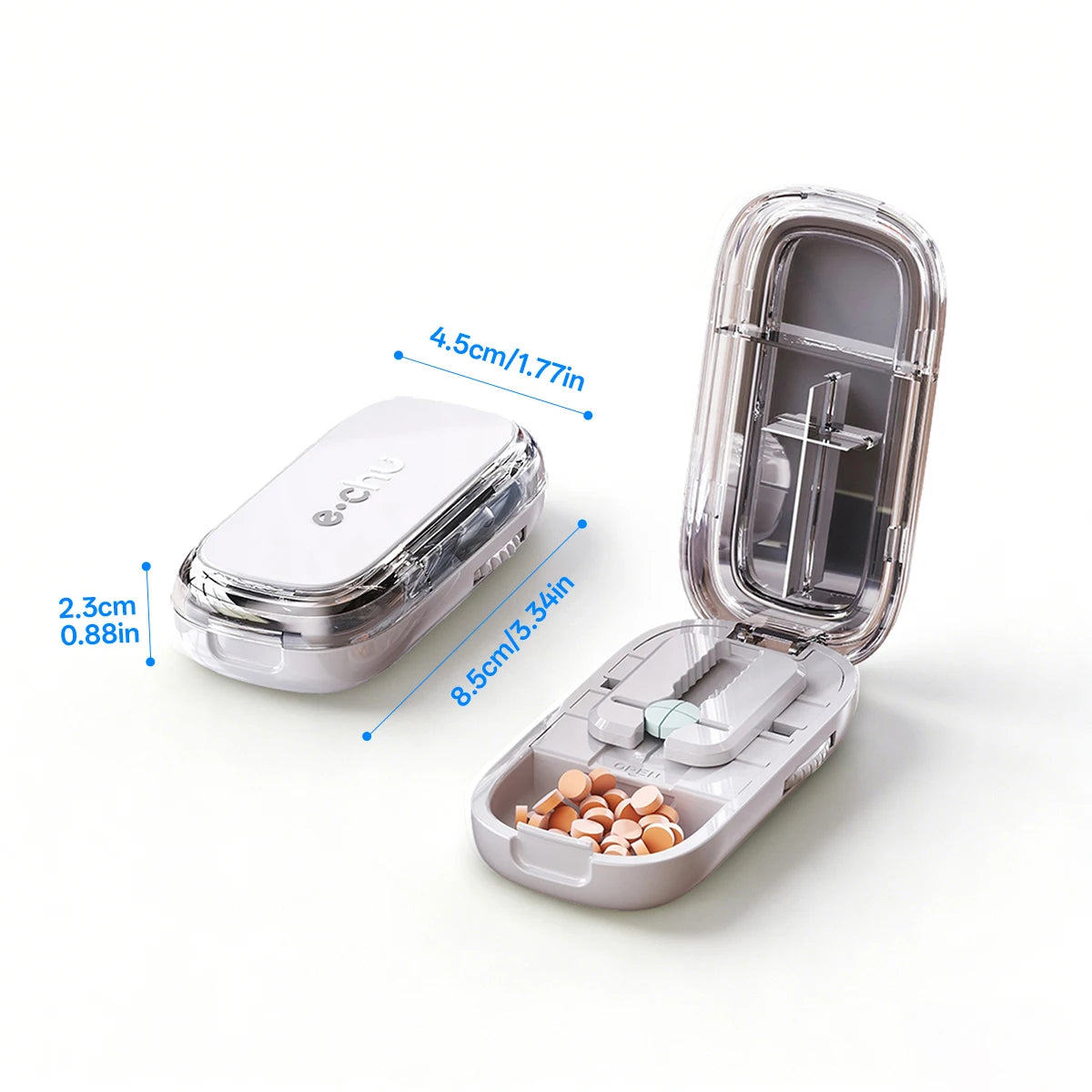 Pill Cutter & Storage Box – Quartering 1/2/1/31/4 Splitter, Portable Dustproof Tablet Divider Organizer with Crusher