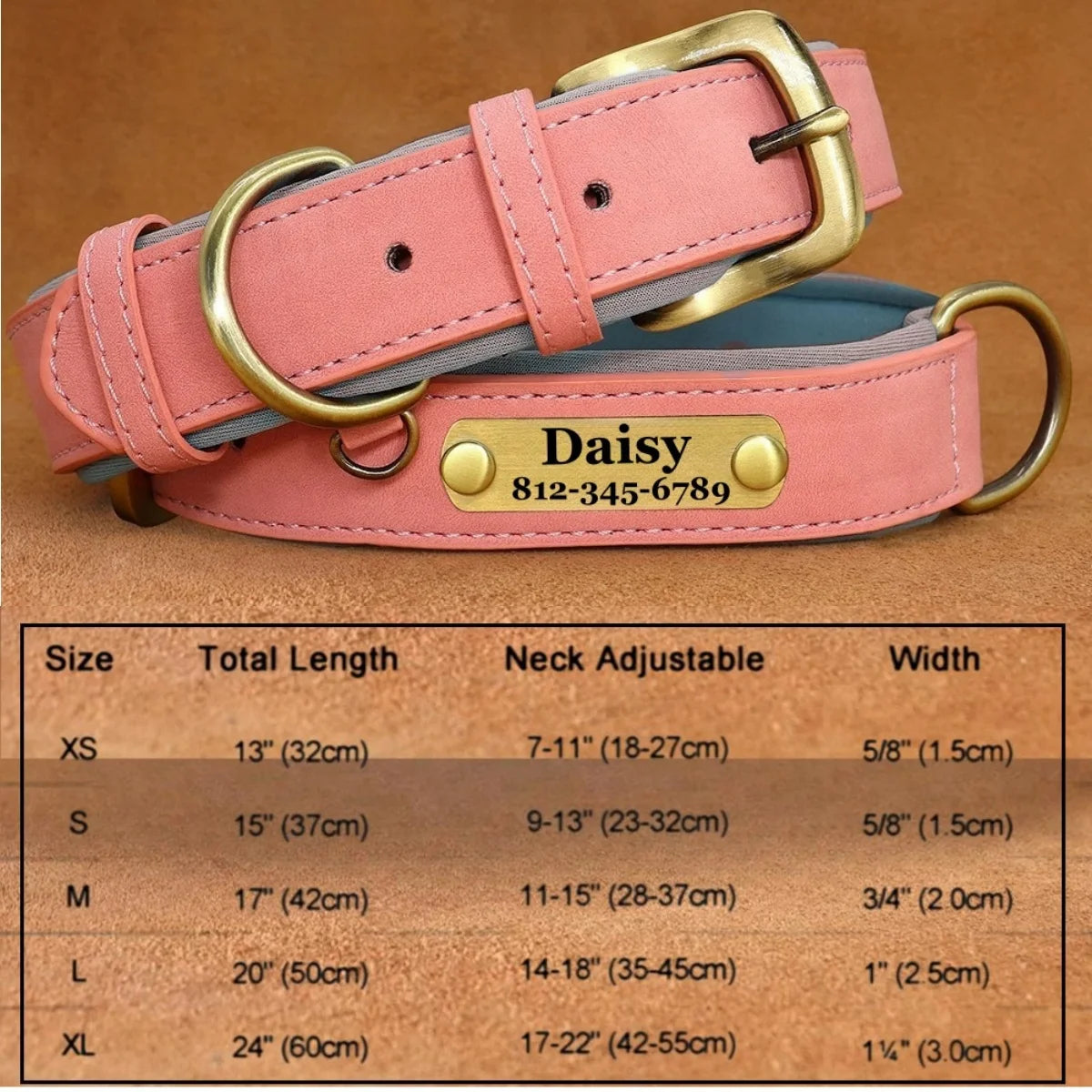 Customizable Leather Dog Collars Personalized Engraved Nameplate, Soft Padded Collar with Custom ID Tag, Adjustable for All Pet