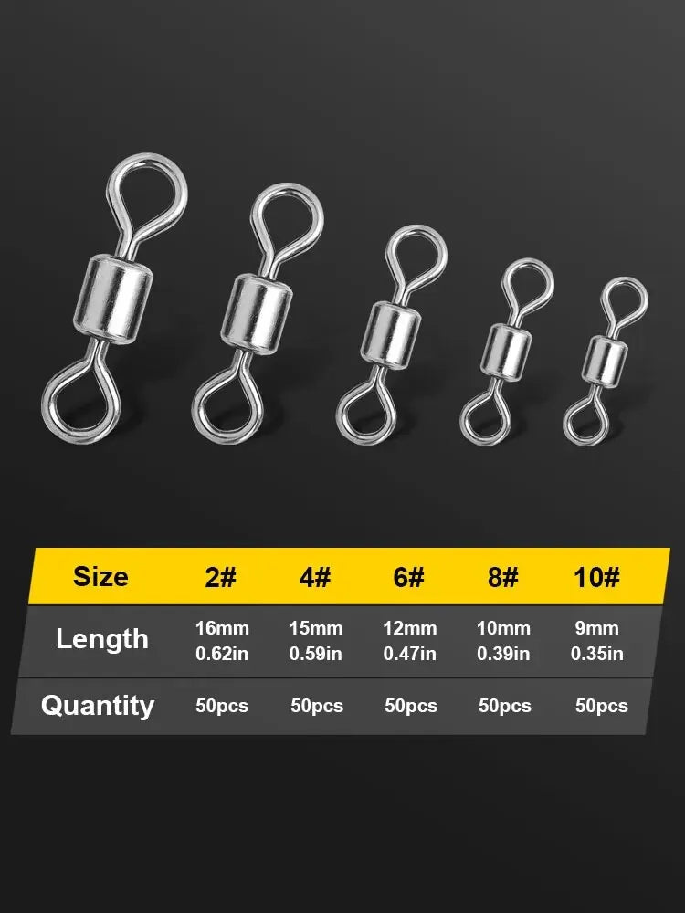 250pcs/Set Fishing Connector 2 4 6 8 10 Fishing Barrel Bearing Rolling Swivel Solid Ring Lures Fishing Accessories