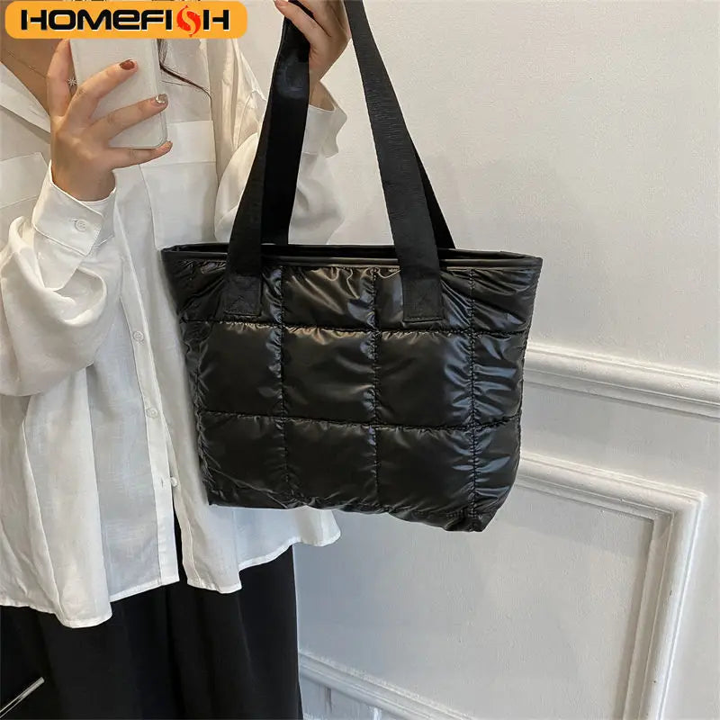 HOMEFISH Ladies Tote Handbags Large Capacity Cotton Padded Shopping Bag Rhombus Portable Handbag Quilted Solid