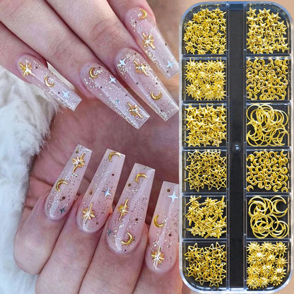 12Grid 3D Gold Ocean Rivet Nail Charms Mixed Seahorsea/Starfish /Conch Pearl/Mini Caviar Beads/Rhinestone Nail Jewery Decoration