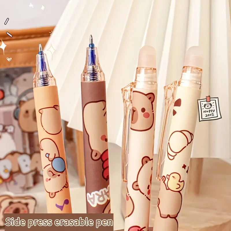 6pcs Cute Capybara Erasable Gel Pens | 0.5mm Retractable Blue Ink for School & Office | Smooth Writing & Quick-Drying (6 Colors)