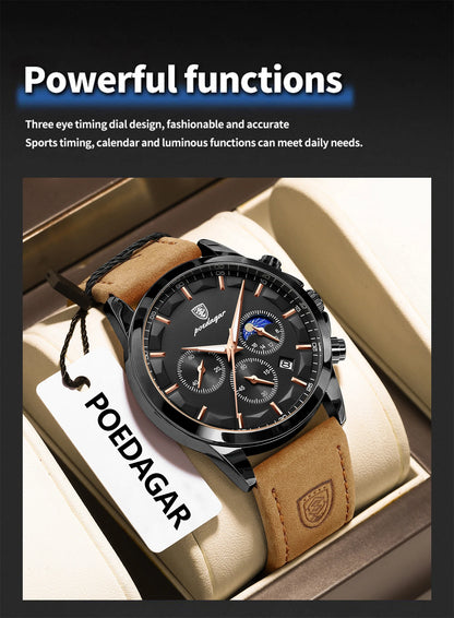 POEDAGAR Original Military Men Clock Waterproof Luminous Leather Quartz Man Watch Chronograph Date Luxury Business Men's Watches