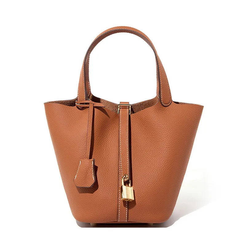 Stylish Handbag, Unique Bucket Classic Shopping Tote Bag, Soft PU Litchi Pattern Basket Women Bag with Lock Small Horse Scarves