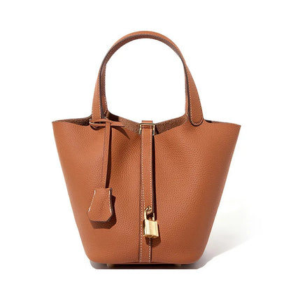Stylish Handbag, Unique Bucket Classic Shopping Tote Bag, Soft PU Litchi Pattern Basket Women Bag with Lock Small Horse Scarves