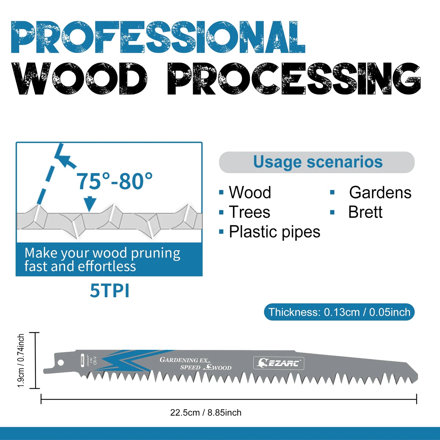 EZARC Reciprocating Saw Blades for Wood Pruning, 150mm 6TPI /225mm 5TPI CRV Ground Sharp Teeth Saw Blades Cutting Tools 6'' 9''