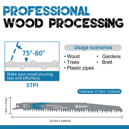 EZARC Reciprocating Saw Blades for Wood Pruning, 150mm 6TPI /225mm 5TPI CRV Ground Sharp Teeth Saw Blades Cutting Tools 6'' 9''