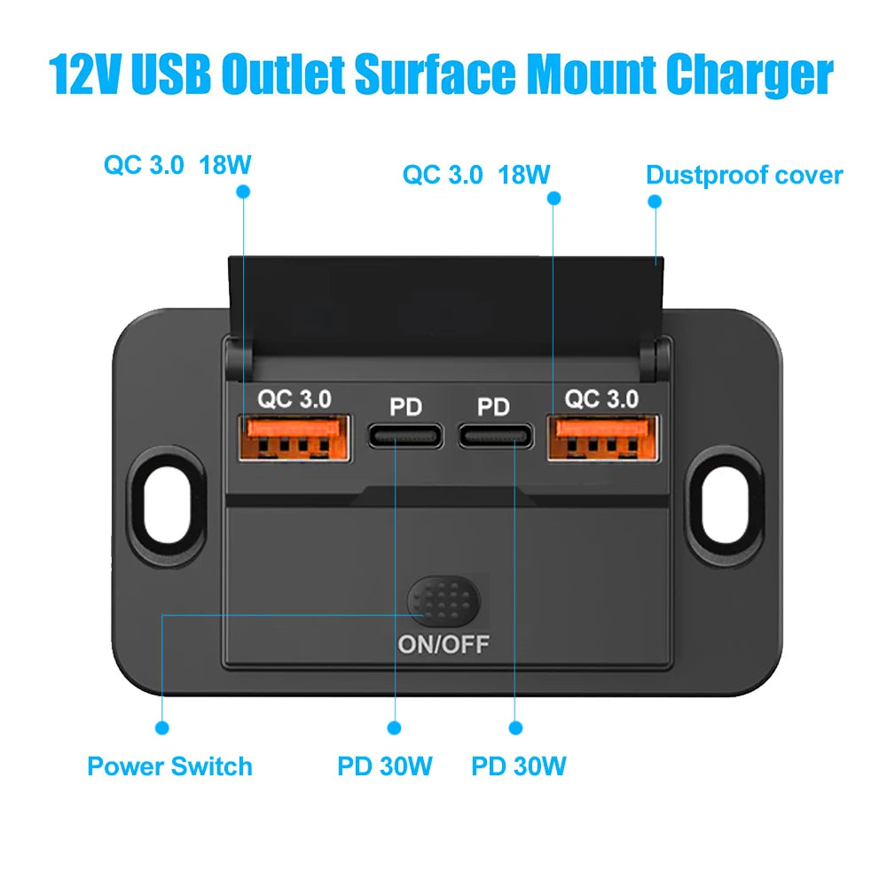 4 Ports Dual PD Dual QC 3.0 USB Car Charger with Switch 96W Quick Charging Socket USB Power for 12V/24V Car Boat Bus RV Truck