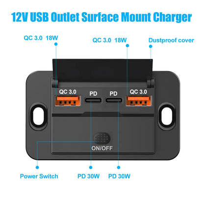 4 Ports Dual PD Dual QC 3.0 USB Car Charger with Switch 96W Quick Charging Socket USB Power for 12V/24V Car Boat Bus RV Truck