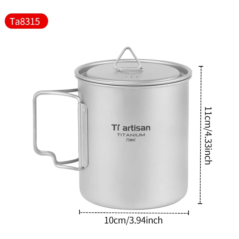 Tiartisan 350ml 750ml Tatinium Cup Hiking Tableware Fodable Handle Coffee Cups with lids Lightweight Frosted Cup Mugs