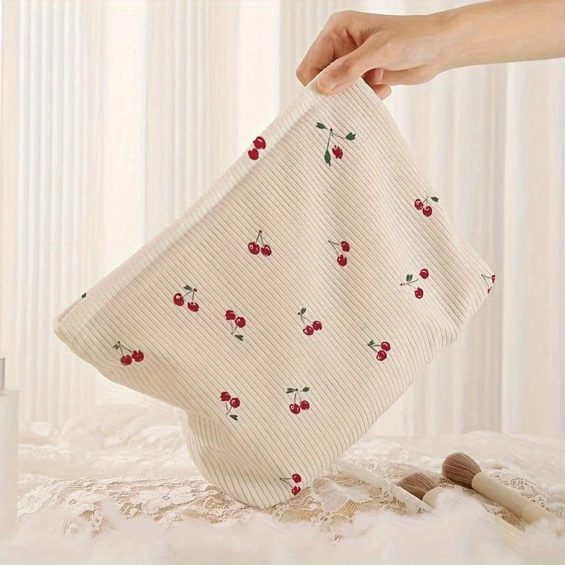 Fashion Cherry Printed Corduroy Makeup Bag Large Capacity Lightweight Zipper Makeup Storage Box Multifunctional Bag with Lining