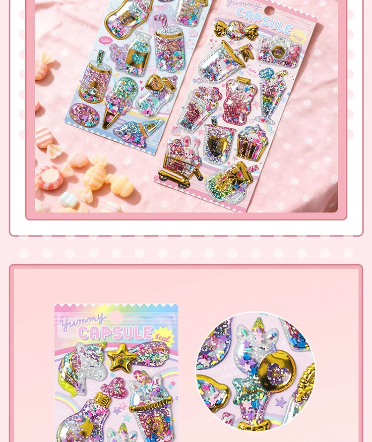 Kawaii Capsule Sparkling 3D Stickers Scrapbooking Diy Journal Stationery Sticker Cute Deco Art School Supplies