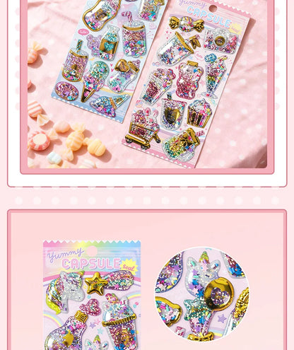 Kawaii Capsule Sparkling 3D Stickers Scrapbooking Diy Journal Stationery Sticker Cute Deco Art School Supplies