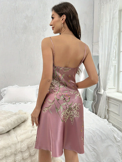 2026 New Smooth and Sexy Style Silk Satin Floral Camisole Nightdress Draped Neck Sheer Slip Dress Wearable Loungewear for Home