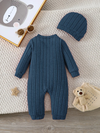 【Baby Boy】Autumn & Winter Red Onesie with Front Single-Breasted Buttons and Cute Bear Badge on Chest + Red Hat Set Featuring a W