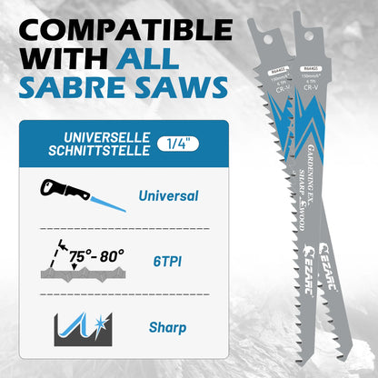 EZARC Reciprocating Saw Blades for Wood Pruning, 150mm 6TPI /225mm 5TPI CRV Ground Sharp Teeth Saw Blades Cutting Tools 6'' 9''