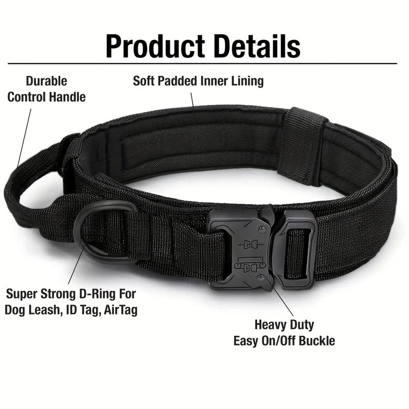 Tactical Dog Collar, Adjustable Military Training Nylon Dog Collar with Control Handle and Heavy Metal Buckle for Medium and Lar