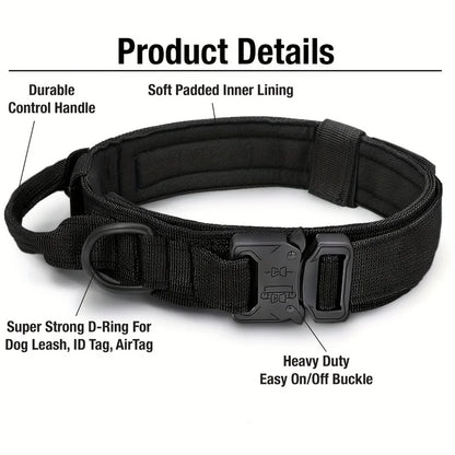 Tactical Dog Collar, Adjustable Military Training Nylon Dog Collar with Control Handle and Heavy Metal Buckle for Medium and Lar