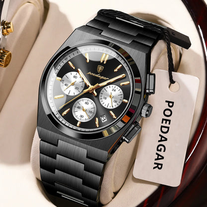 POEDAGAR Fashion Man Watches Chronograph Date Stainless Steel Casual Men Wristwatch Waterproof Luminous Men's Quartz Watch Reloj