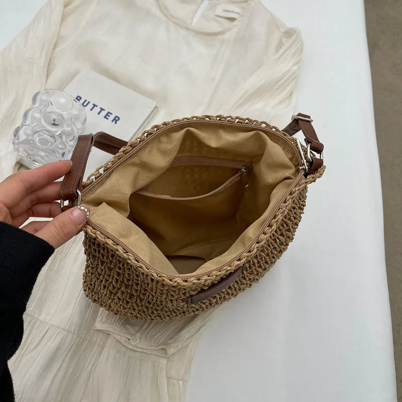 Straw woven bag, single shoulder, women's fashionable weaving, ins style, seaside beach, crossbody bag for women