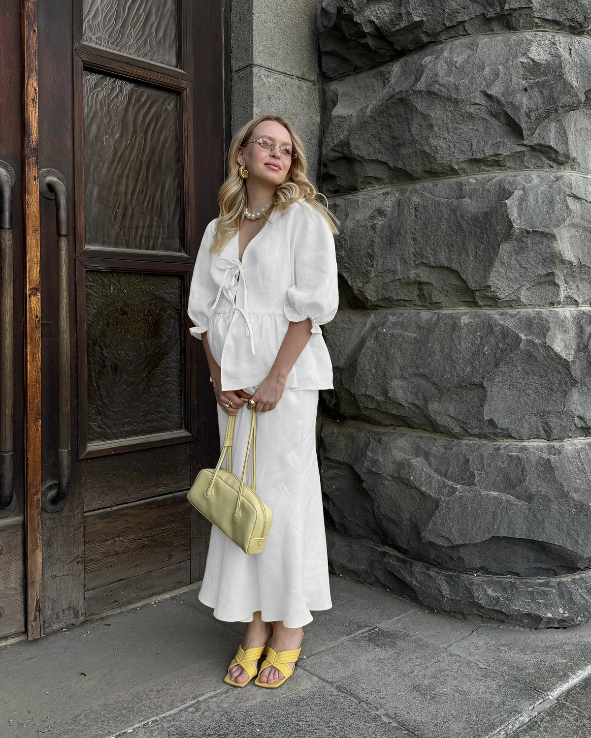 Bornladies 2025 Summer Women's 100% Cotton V-Neck Lace-Up Bubble Sleeve Shirt  Long Skirt Set Loose Casual Two-Piece Suit