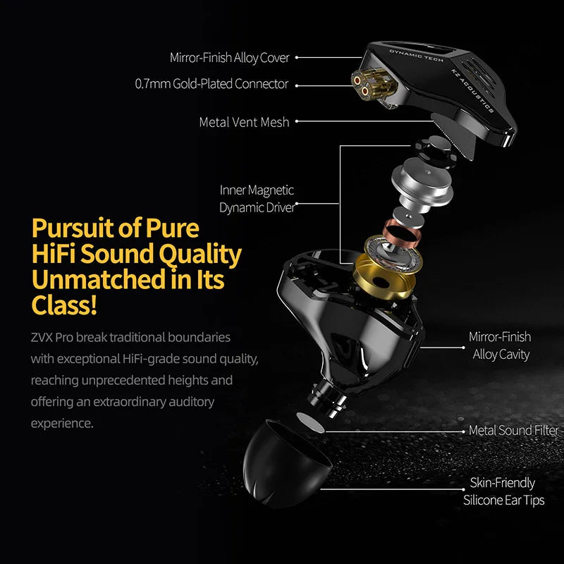 KZ ZVX PRO Dynamic In Ear Earphones HIFI Bass Earbuds Metal Monitor Headphones Sport Noise Cancelling Music Headsets