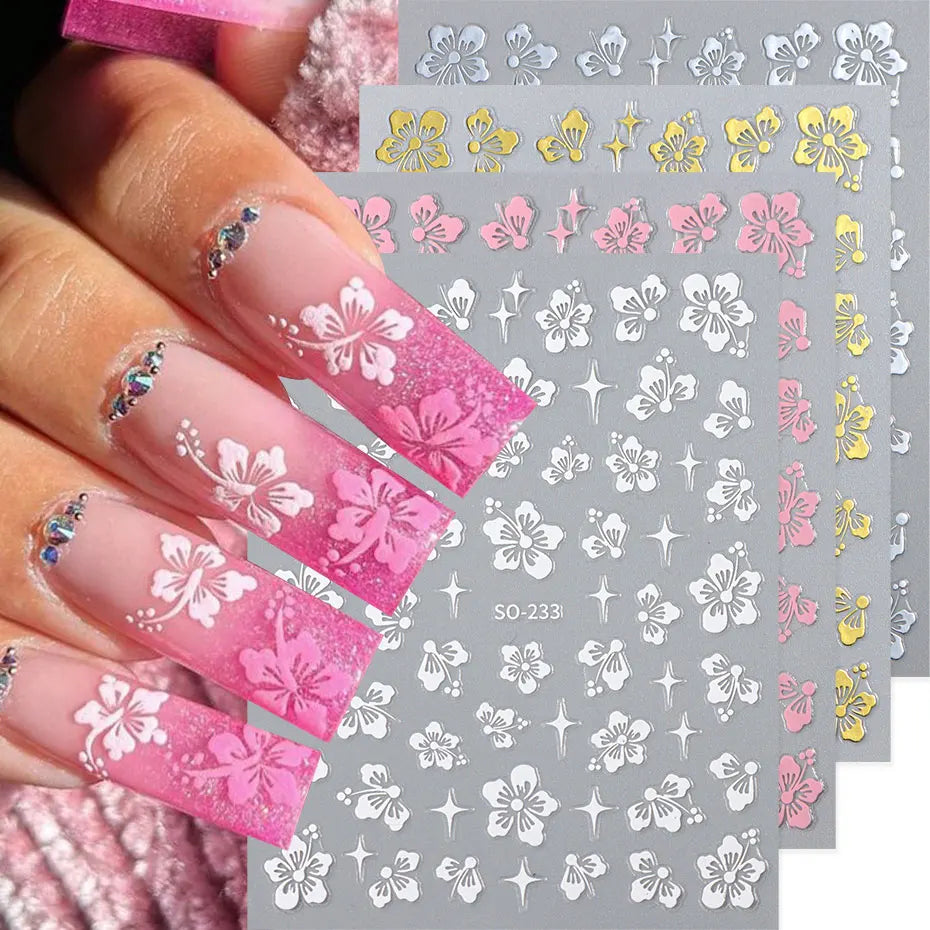 4pcs Hibiscus Flower Nail Art Sticker 3D White Pink Floral Decal Y2K Gold Silver Petal DIY Romantic Self-Adhesive Manicure Decor