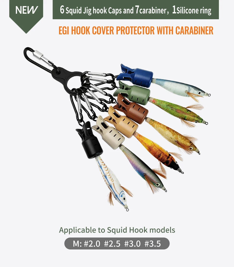 New Squid Jig Bait Protector Kit Size M 6pcs Webfoot Octopus Egi Hooks Cover Cuttlefish Umbrella Lure Cap with Carabiner