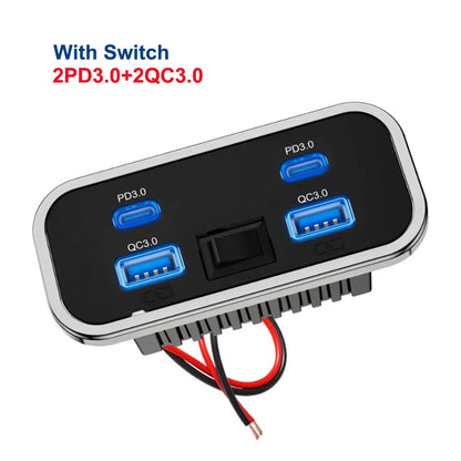 12V-24V 4 Ports Dual USB PD3.0 QC3.0 Outlet 76W Type-C Quick Charge Panel Wall Mount Charger Adapter for Marine Bus ATV Truck RV