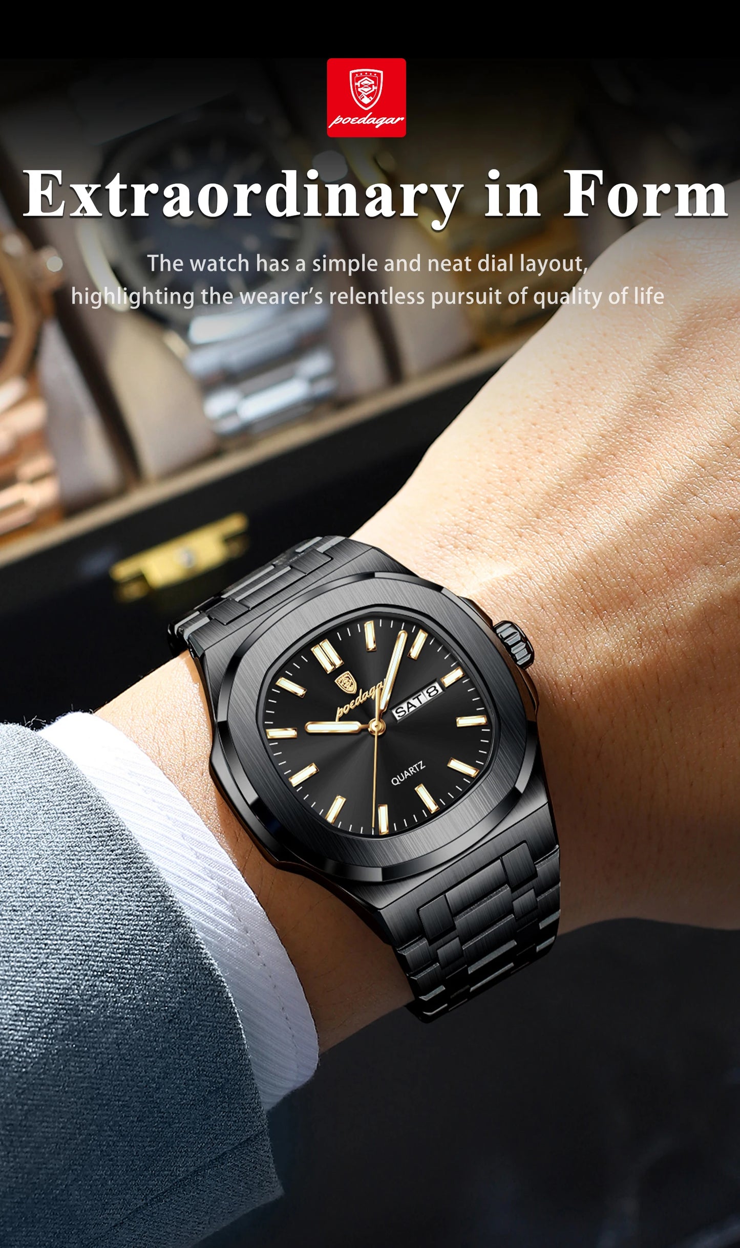 POEDAGAR Square Luxury Men's Wristwatch Luminous Waterproof Stainless Steel Male Clock Week Date Original Quartz Watches For Men