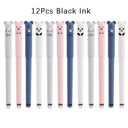 12pcs Animals Panda Erasable Gel Pen 0.5mm Blue Black Erasable Pen Refills Rods Washable Handle School Supplies Stationery