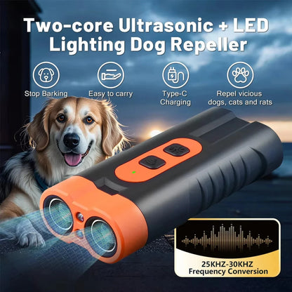 2025 Dual Head Ultrasonic Dog Repeller USB Rechargeable High-Power Anti-Bark Training Device with LED Flashlight
