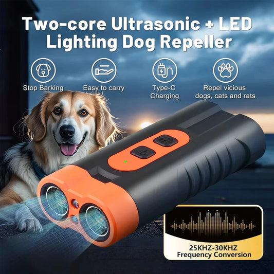 2025 Dual Head Ultrasonic Dog Repeller USB Rechargeable High-Power Anti-Bark Training Device with LED Flashlight