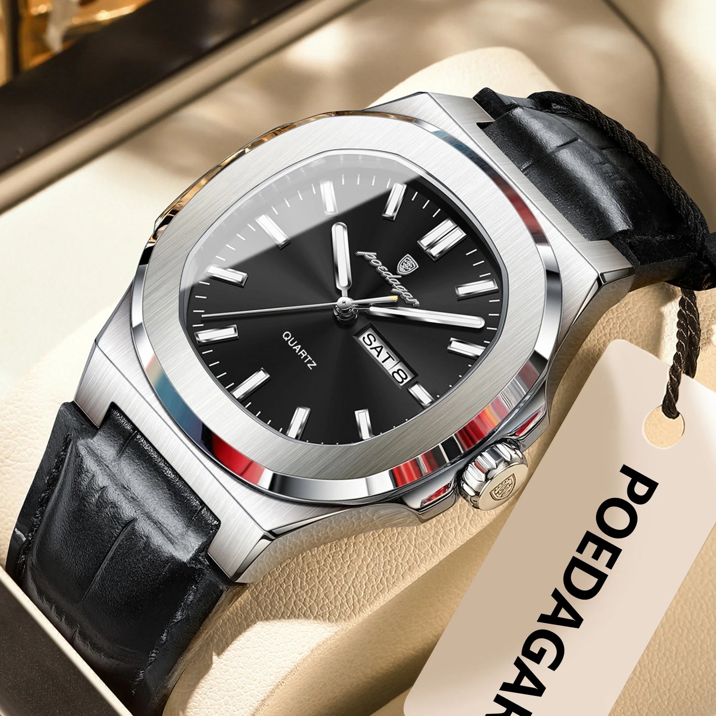 POEDAGAR Square Wristwatch For Men Luminous Waterproof Week Calendar Luxury Man Clock Leather Quartz Fashion Men's Watches Reloj