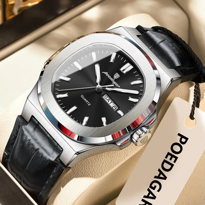 POEDAGAR Square Wristwatch For Men Luminous Waterproof Week Calendar Luxury Man Clock Leather Quartz Fashion Men's Watches Reloj