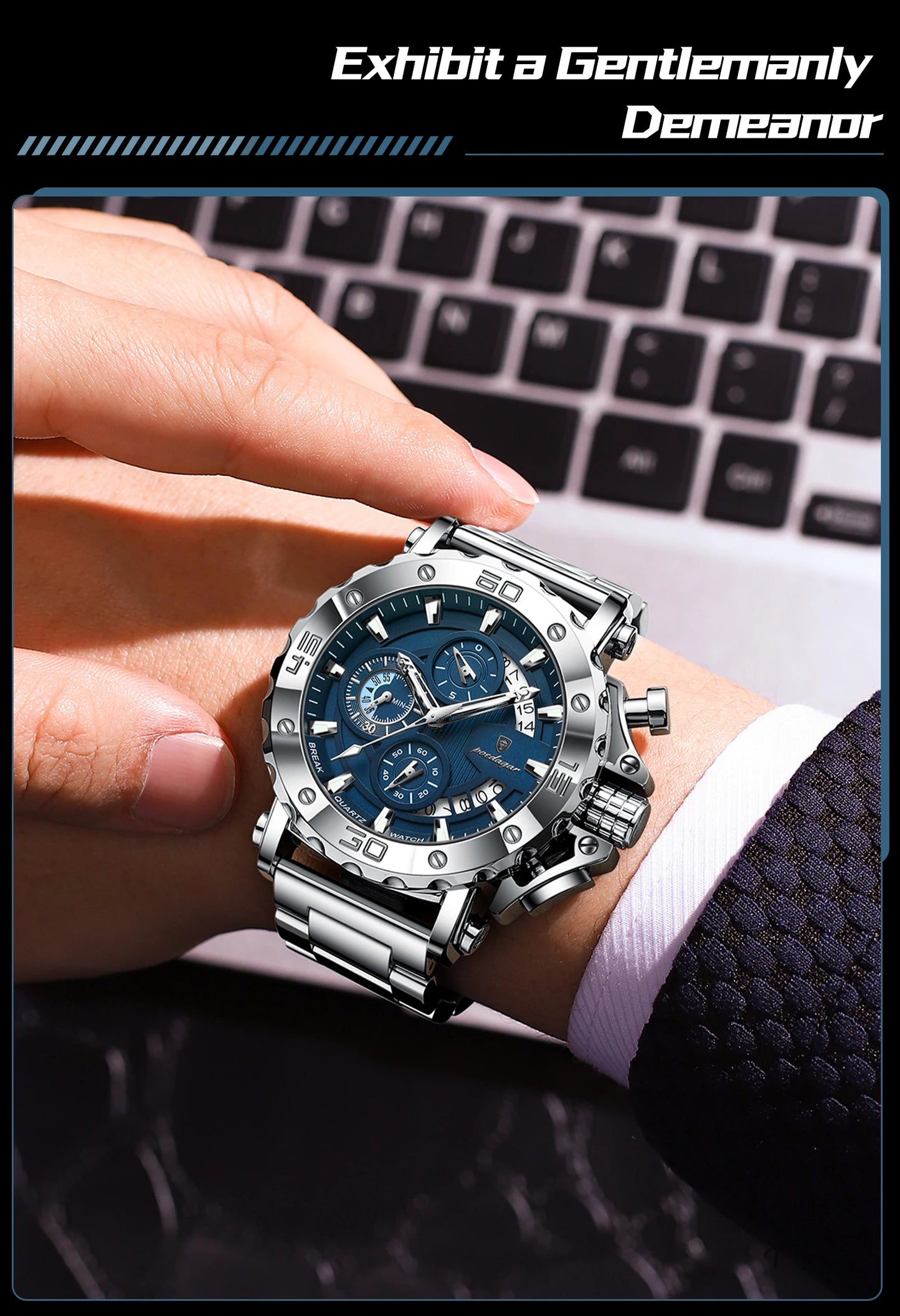 POEDAGAR Luxury Men's Watch Calendar Luminous Waterproof Man Clock Chronograph Stainless Steel Quartz Watches For Men Reloj Gift