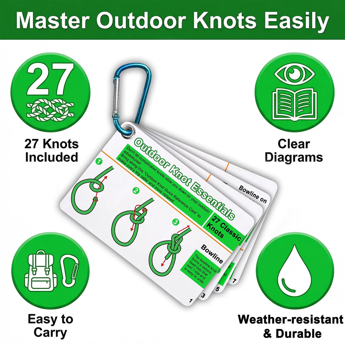 7PCS/SET Outdoor Knot Essentials Cards 27 Classic Knots Guide with Mini Carabiner, Durable Pocket Reference for Camping Backpack
