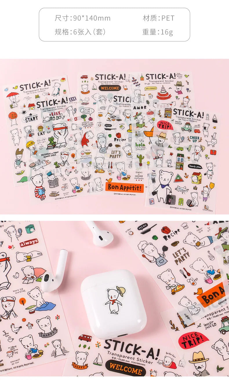 6Pcs/Lot Waterproof Cartoon Transparent Pvc Stickers DIY Hand Account Diary Decorative Stickers Kawaii Phone Cup Stickers
