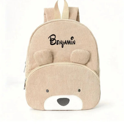 Customized Name Toddler Backpack - Cartoon Bear Corduroy Bag with Large Capacity, Embroidered Name Plush Backpack for Kids