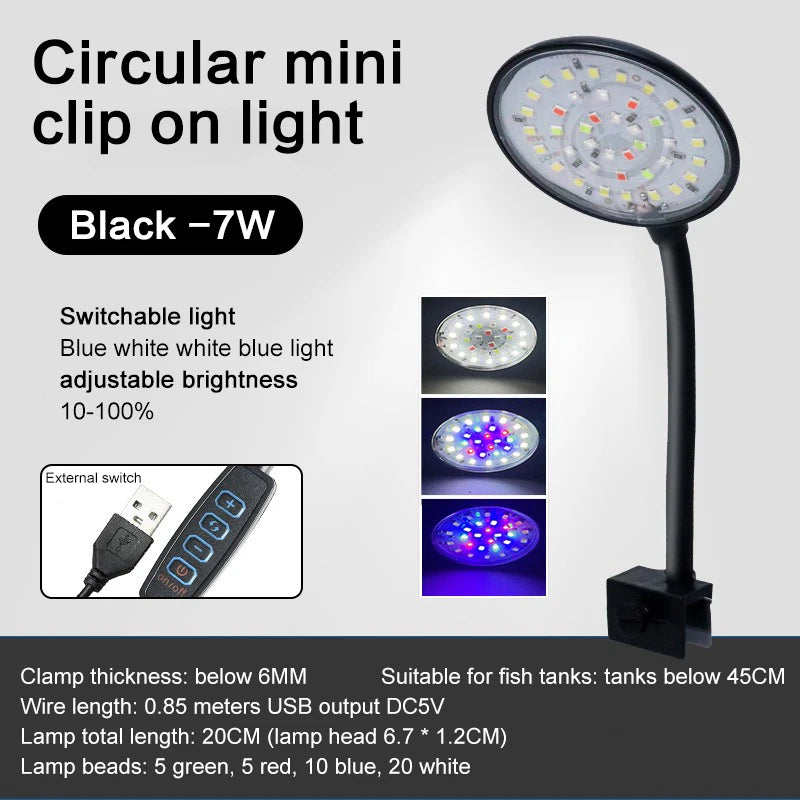 USB Aquarium LED Lamp Fish Tank Light Decor Aquatic Plant Multiple Modes Dimmable Lightness Full Spectrum Mini Clip Light 5V
