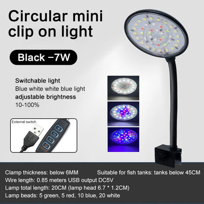 USB Aquarium LED Lamp Fish Tank Light Decor Aquatic Plant Multiple Modes Dimmable Lightness Full Spectrum Mini Clip Light 5V