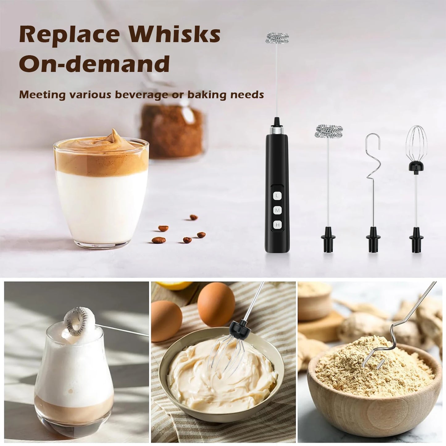 Wireless Rechargeable Electric Milk Frother - 3 Speeds, Handheld Foam Maker for Latte, Cappuccino, Hot Chocolate - USB Rechargea