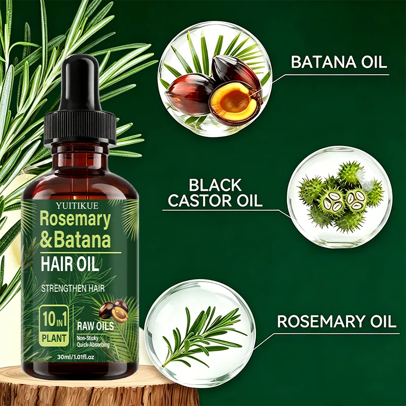 YUITIKUE Rosemary & Batana Hair Oil 30ml 10 In 1 Plant Raw Oil Strengthen Hair Non-Sticky Fast Absorbing Hair Care Serum