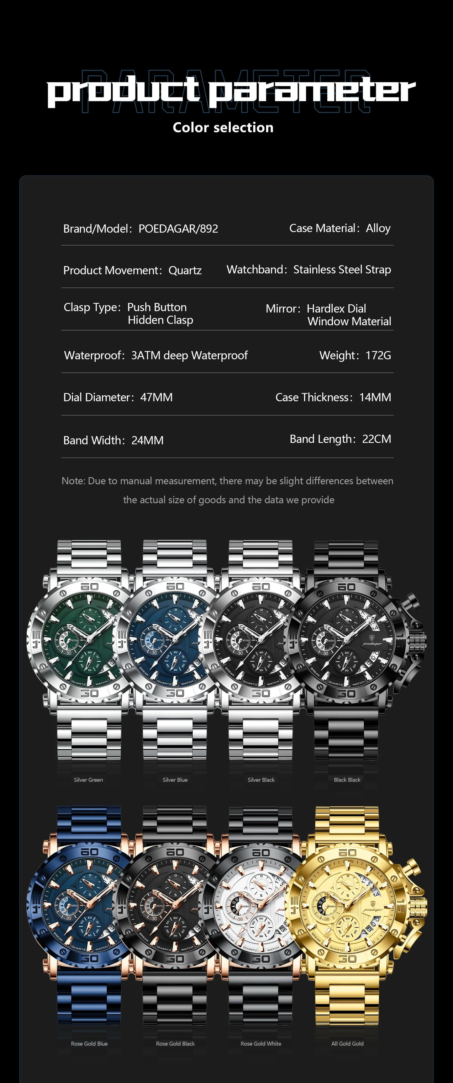 POEDAGAR Luxury Men's Watch Calendar Luminous Waterproof Man Clock Chronograph Stainless Steel Quartz Watches For Men Reloj Gift
