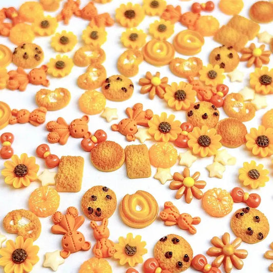 Simulated Round Square Cookies Nail Art Decorations Mini Star Bow Cute Bear Orange Series Mixed Resin Nail Charms for Making DIY