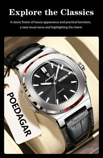 POEDAGAR Square Wristwatch For Men Luminous Waterproof Week Calendar Luxury Man Clock Leather Quartz Fashion Men's Watches Reloj
