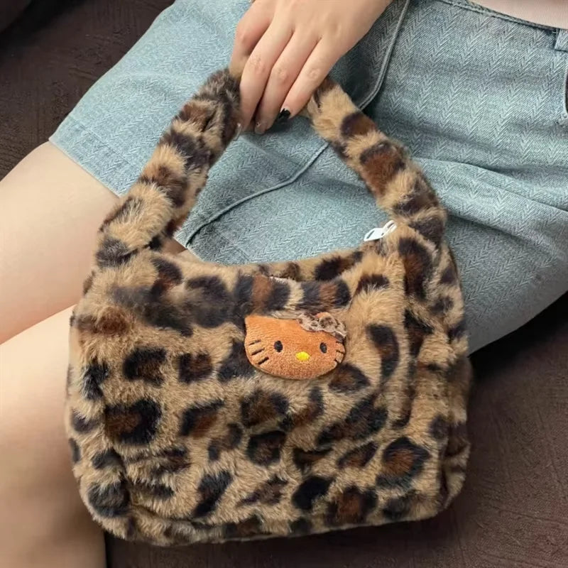 Hello Kitty leopard print plush fashion cute handbag for girls shoulder bag armpit handbag lightweight and durable gift forgirls