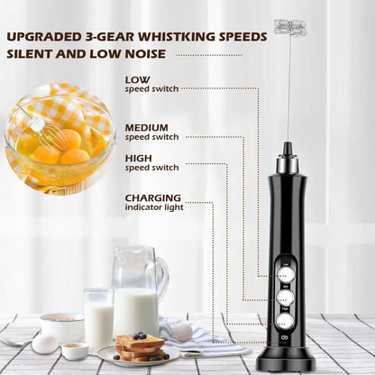 Wireless Rechargeable Electric Milk Frother - 3 Speeds, Handheld Foam Maker for Latte, Cappuccino, Hot Chocolate - USB Rechargea